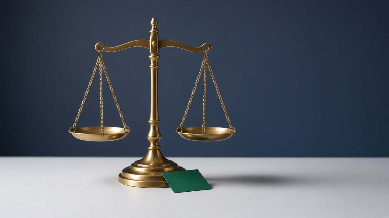 A brass balance scale with two empty, level pans on a pale surface against a navy wall