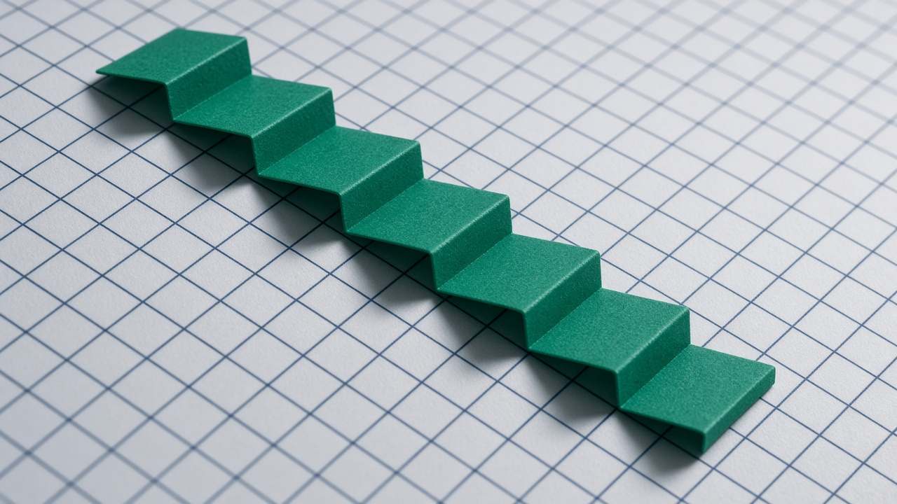 A green paper strip folded into a descending staircase on navy-ruled grid paper