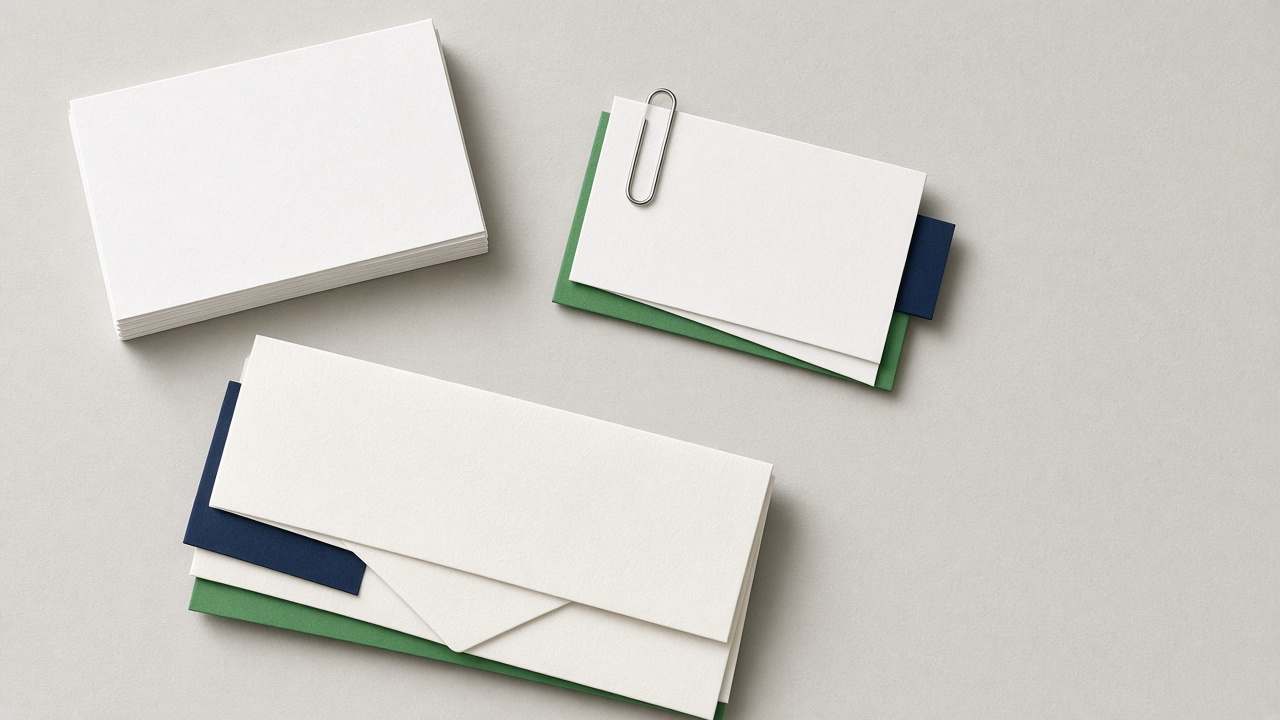 Stacks of blank index cards and folded paper with navy and green tabs on a gray desk