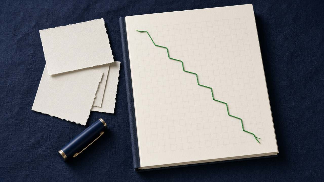 A blank grid-ruled notebook on navy linen with a green thread laid across it in a falling step line, beside blank receipts and a pen cap