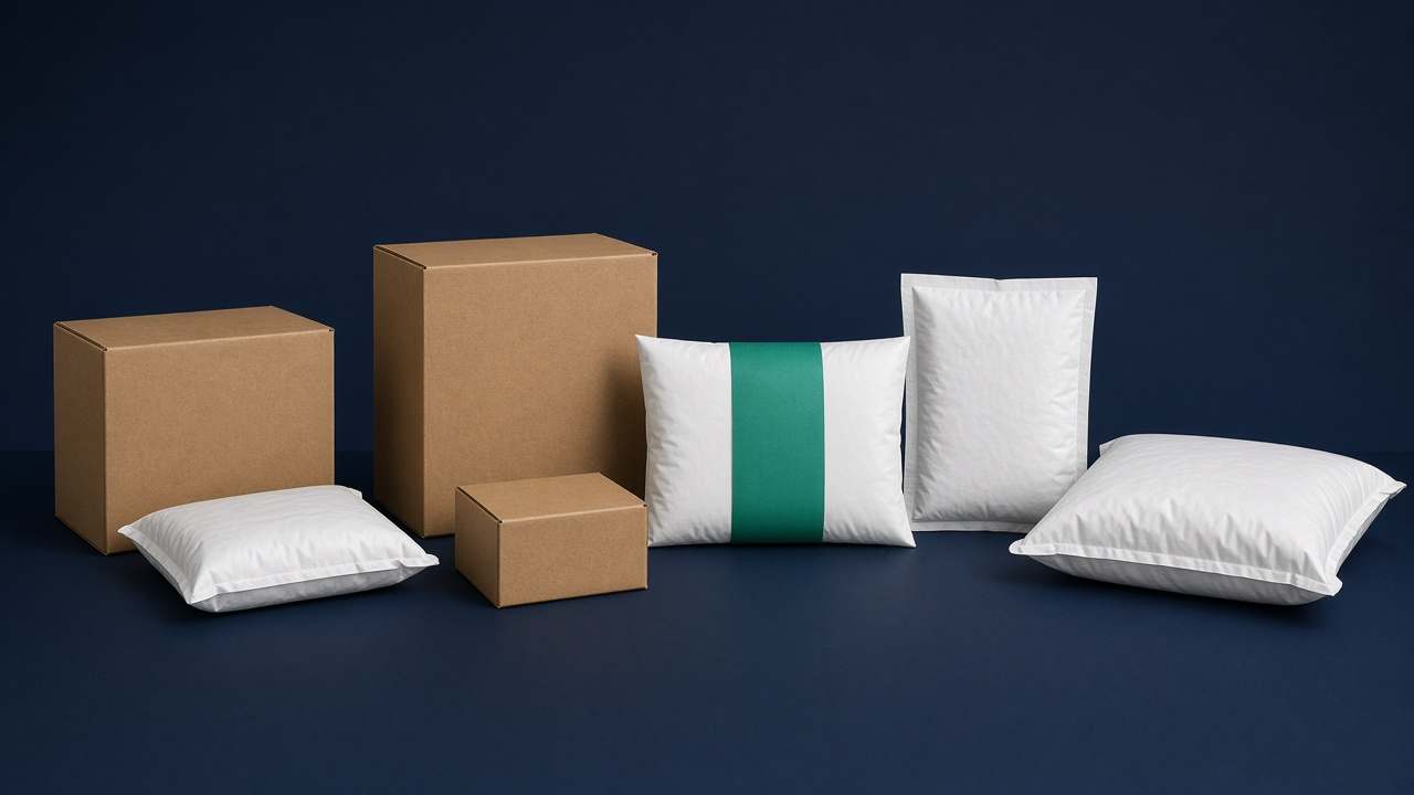 Plain unbranded shipping boxes and padded mailers in a row on a navy surface